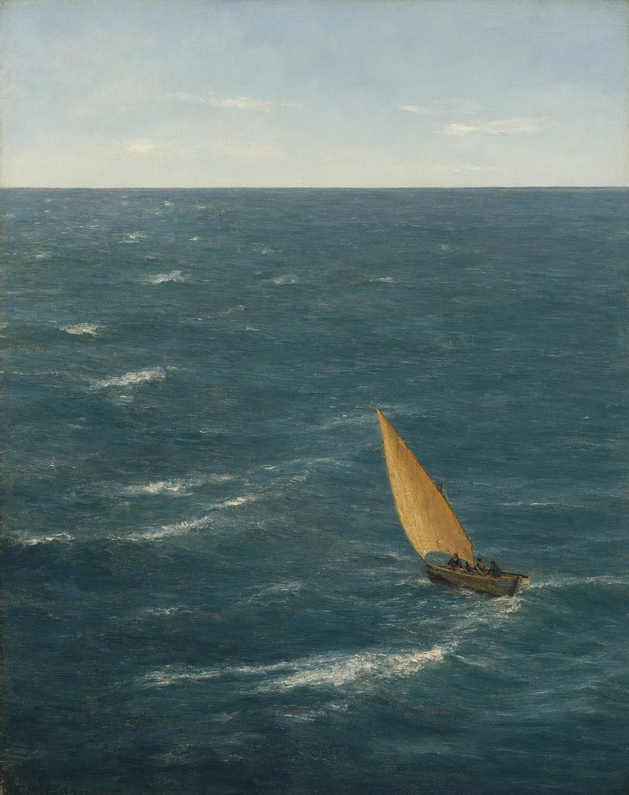 Um caíque é um barco de pesca da ria e da costa, feito para trabalhar à vista de terra. Não é um navio de alto mar. A 6 de julho de 1808, largou de Olhão com proa ao Rio de Janeiro. Seguem-se mais de setenta dias de que nada sabemos. (Pintura.)