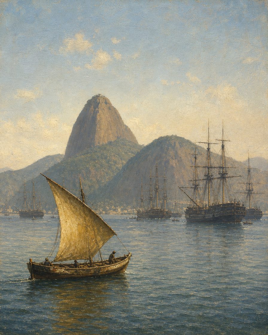 A 22 de setembro, o caíque entrou na baía de Guanabara, entre os navios da carreira do Brasil. Uma notícia cabia em qualquer porão. O que nenhum outro navio podia descarregar naquele cais eram olhanenses. (Pintura.)