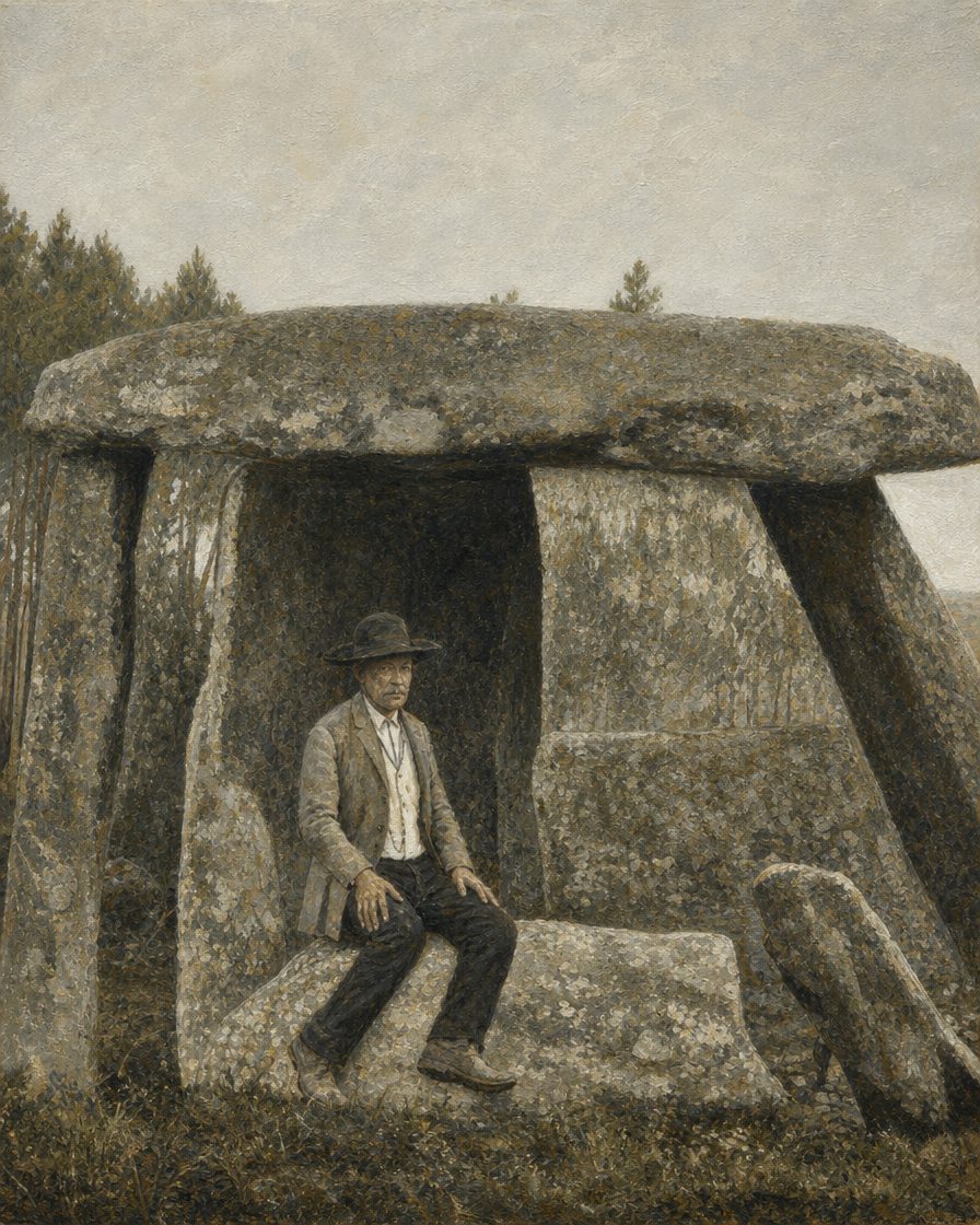 A Pedra dos Mouros, ou Anta da Arca, em Paranho de Arca, Oliveira de Frades. Sepulcro erguido no Neo-calcolítico, classificado monumento nacional por decreto de 16 de junho de 1910. Pintura a partir da fotografia real publicada por José Leite de Vasconcelos em 1898, de domínio público, via Wikimedia Commons.