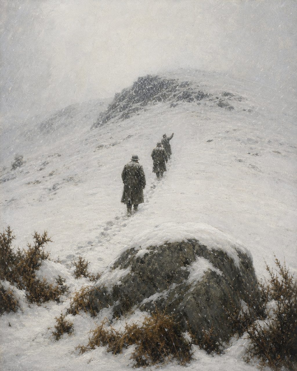 Seis dias depois, a 18 de janeiro, uma abundante queda de neve não impediu a primeira viagem de reconhecimento à serra. Pintura.