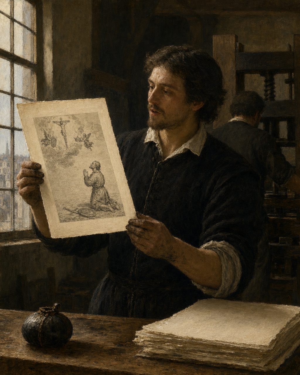 A cena que o documento descreve acabou por gerar imagens. Uma gravura de Agostinho Soares, publicada em Lisboa em 1632, mostra o príncipe ajoelhado em oração, descalço e sem armas, e Cristo crucificado no céu, à sua direita, rodeado de anjos. Esta pintura evoca essa composição tal como foi descrita; não é a reprodução da gravura. Pintura.