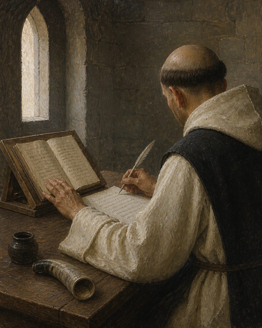 Em 1603, a «Primeyra Parte da Chronica de Cister», do monge alcobacense Frei Bernardo de Brito, pôs o Juramento dentro da narrativa do próprio acontecimento. Quem terá forjado o texto não se sabe: nenhuma das fontes lidas o atribui a Brito, e o documento já estava impresso cinco anos antes. Evocação pintada de um escritório monástico cisterciense; não é um retrato. Pintura.