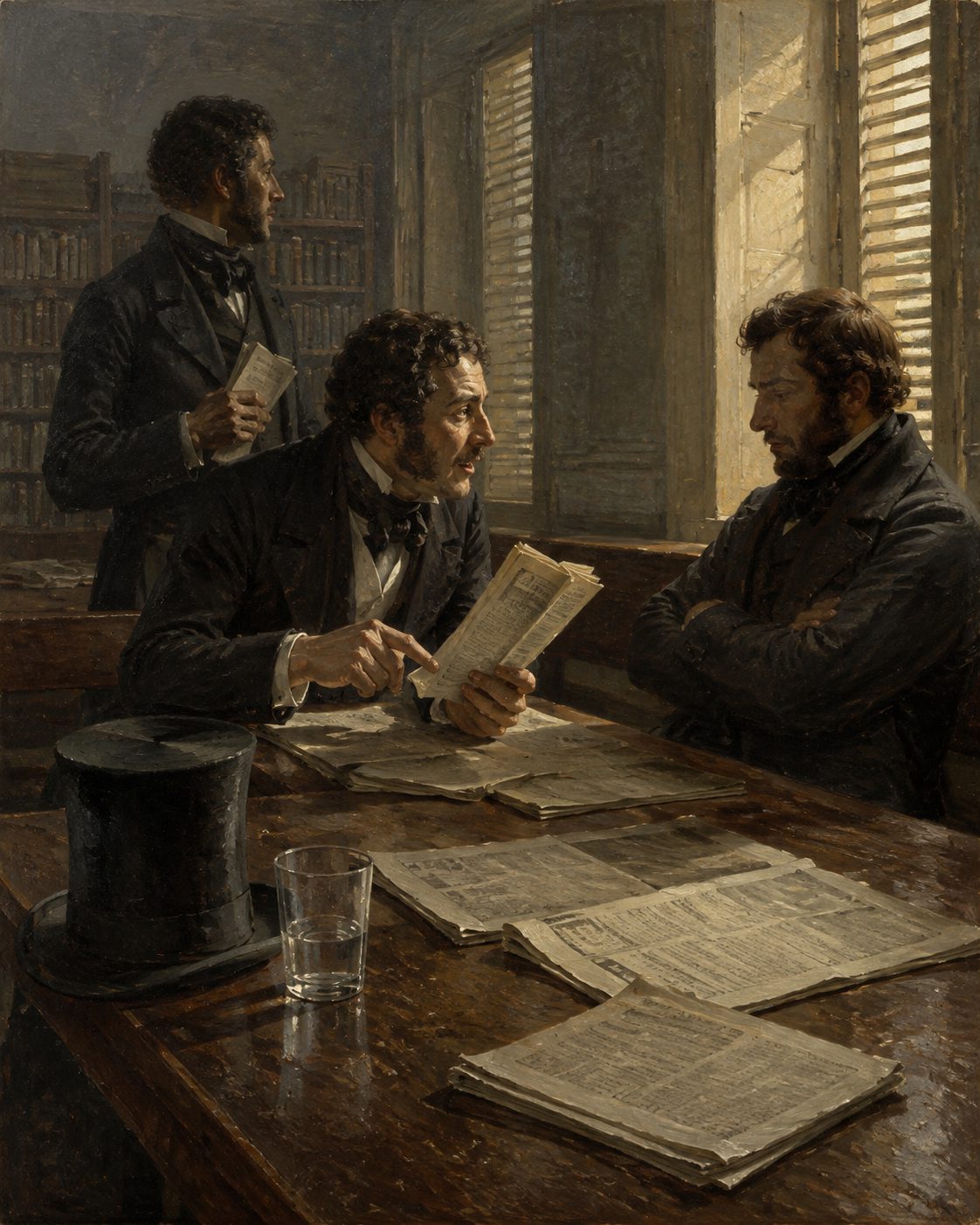 A contenda correu pelos jornais e pelos folhetos, do legitimista «A Nação» à «Revolução de Setembro», ao «Patriota» e à «Semana», e os textos prolongaram-se até 1857. Quem respondeu a Herculano foram autores e periódicos com nome. Evocação pintada de uma sala de leitura de Lisboa. Pintura.
