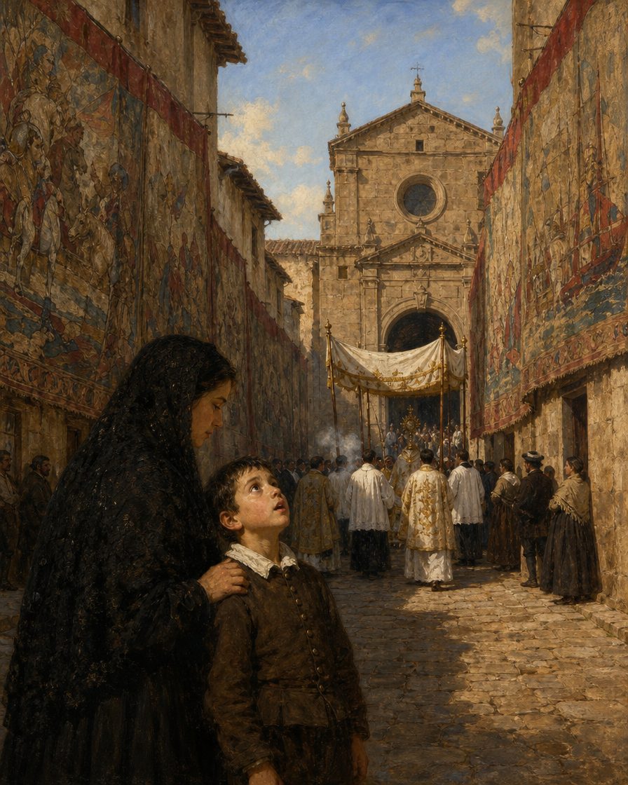 Pintura de uma procissão do Corpo de Deus numa vila de Castela, com grandes panos tecidos postos nas fachadas, como em Pastrana desde que os duques os deram à colegiada, em 1667 (evocação, não vista do lugar; figuras genéricas, não retratos).