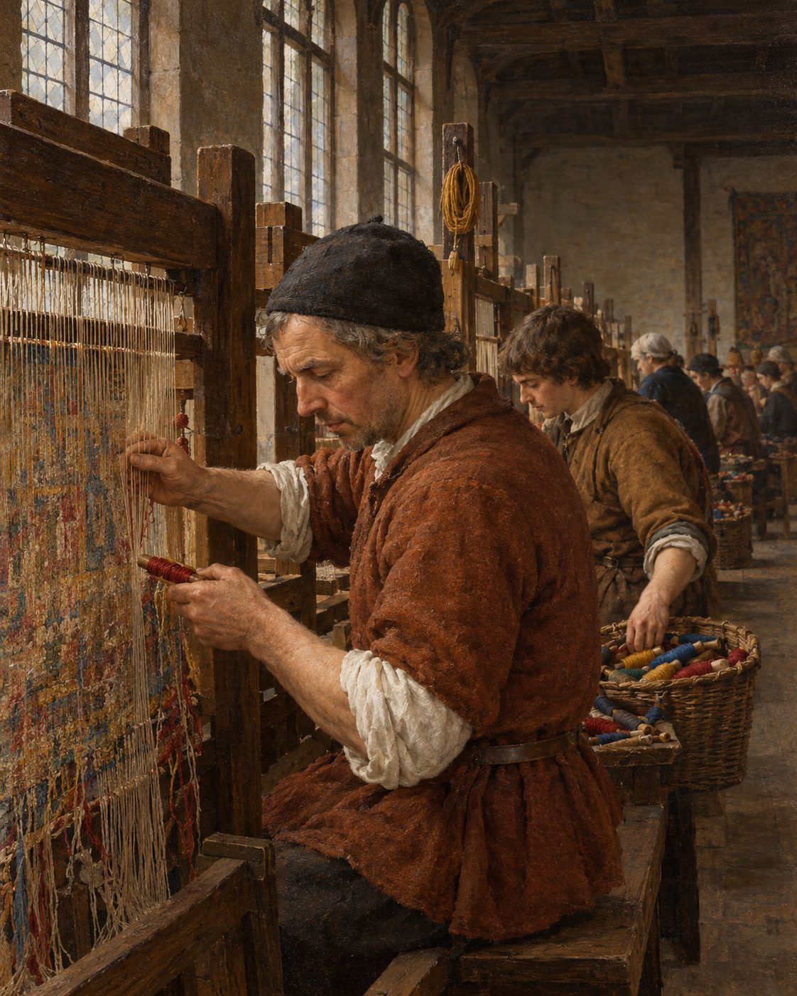 Pintura de uma oficina de tapeçaria em Tournai, no século XV, com vários teares a trabalhar ao mesmo tempo (evocação; figuras genéricas, não retratos).