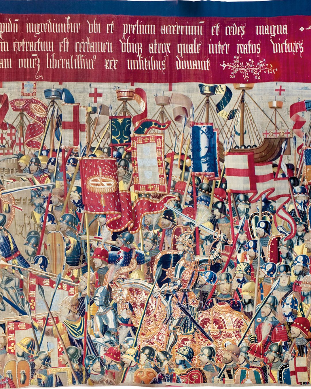 Pormenor da tapeçaria do Assalto a Arzila, 24 de agosto de 1471: ao centro, o rei a cavalo, de coroa sobre o capacete, entre os seus estandartes, um deles com o rodízio a espalhar gotas, o seu emblema (Museu Paroquial de Tapeçarias de Pastrana; Wikimedia Commons, domínio público).
