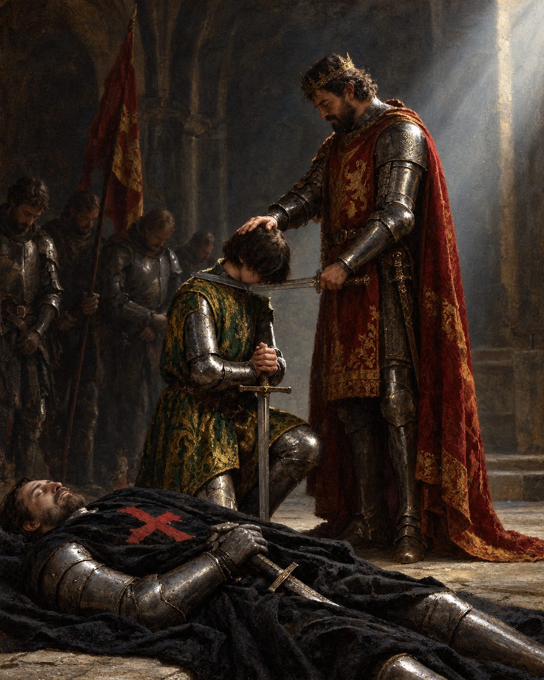 Evocação pintada do momento em que, segundo Rui de Pina, Afonso V armou cavaleiro o filho de dezasseis anos junto ao corpo do conde de Marialva, em Arzila (figuras de evocação, não retratos).