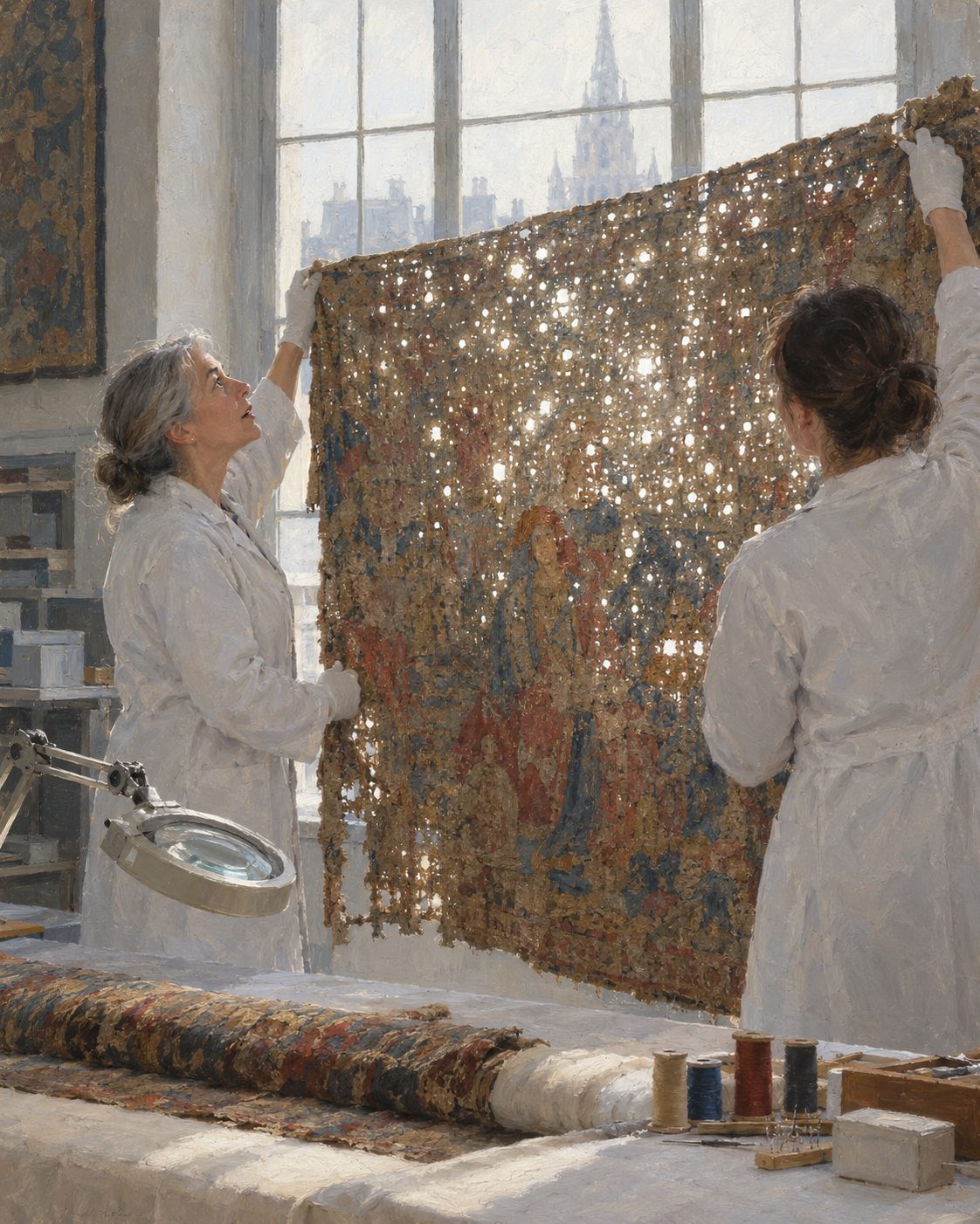 Pintura de restauradores numa oficina de Malines a ver à contraluz um pano antigo tão comido pela traça que parece um céu estrelado, como estavam os de Arzila em 2008–2009 (evocação; figuras genéricas, não retratos).