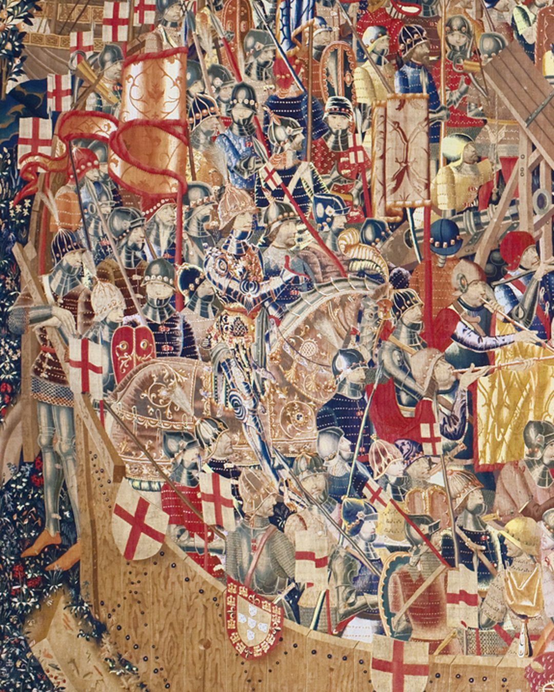 Pormenor da tapeçaria do Cerco de Arzila: a cavalo, ricamente vestido, o príncipe D. João, então com dezasseis anos, com a sua gente, do lado esquerdo do pano (Museu Paroquial de Tapeçarias de Pastrana; Wikimedia Commons, domínio público).