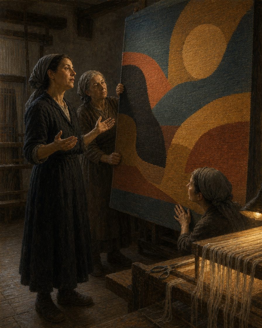 Uma tapeçaria tecida pelo avesso é virada de frente pela primeira vez. As tecedeiras só veem o direito quando a peça sai do tear. Pintura. cena de oficina ilustrativa, não registo de um momento documentado. A composição tecida é inventada e não reproduz nenhuma obra real.