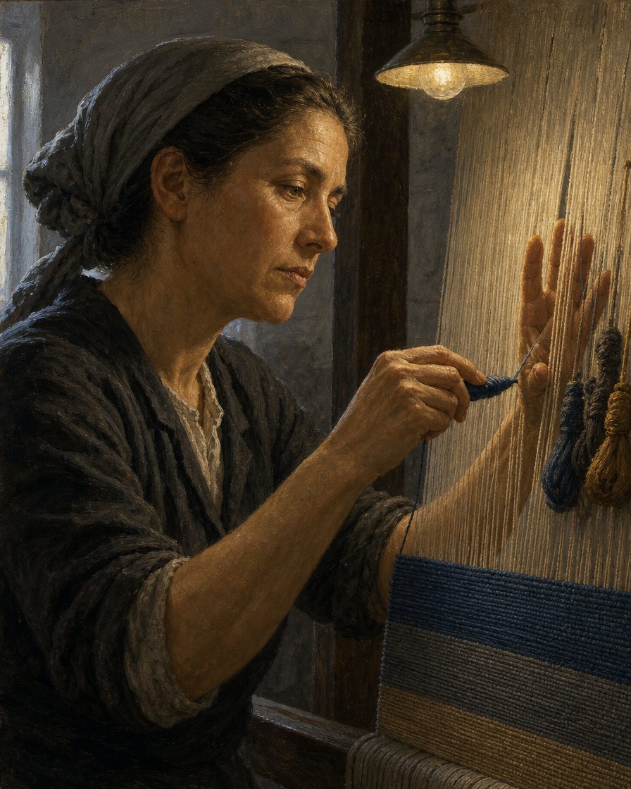 O trabalho faz-se em teares verticais, começado pela base e visto do avesso: enquanto tece, a tecedeira não vê a frente do desenho. Pintura. figura ilustrativa, não retrato de nenhuma tecedeira identificada.