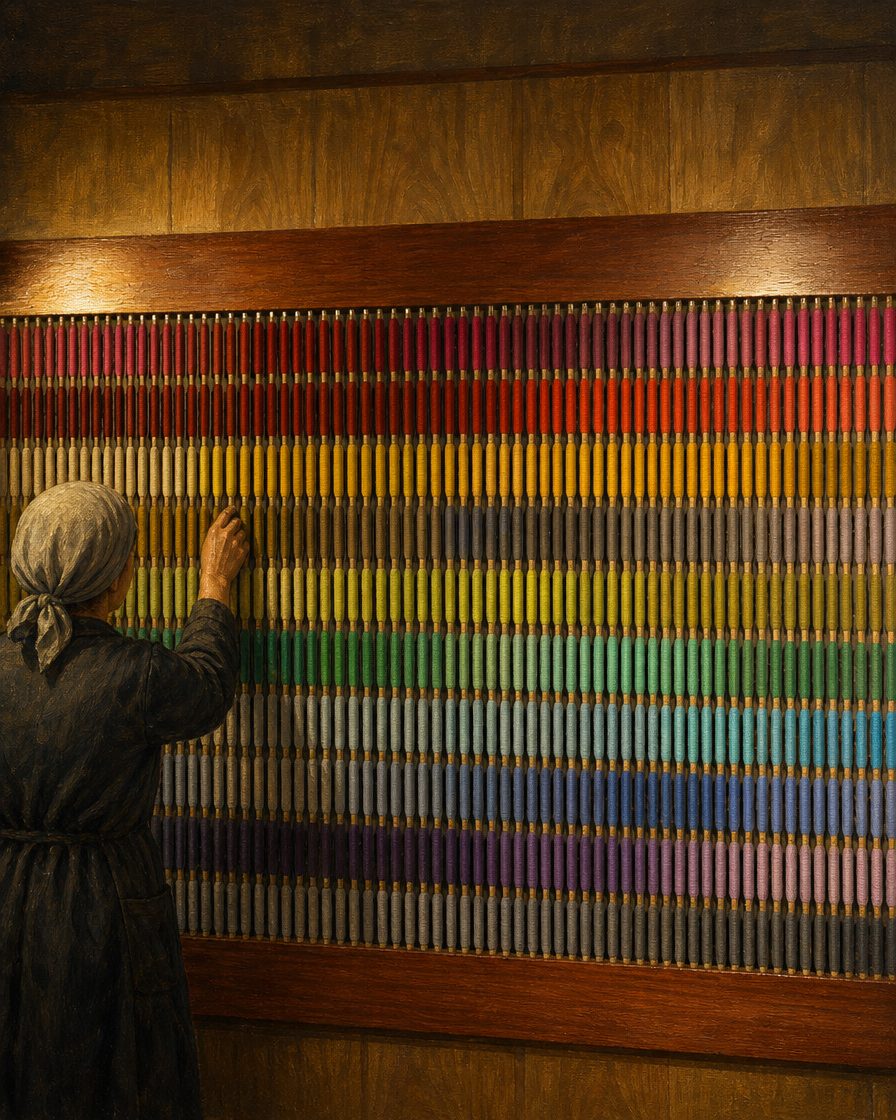 O mostruário de cores da Manufactura, exposto no Museu da Tapeçaria de Portalegre – Guy Fino: a paleta da casa passa das sete mil cores de lã. Pintura a partir de fotografia real do mostruário, de Daniel Silva (Wikimedia Commons, CC BY-SA 4.0); a pintura derivada é partilhada sob a mesma licença, CC BY-SA 4.0.