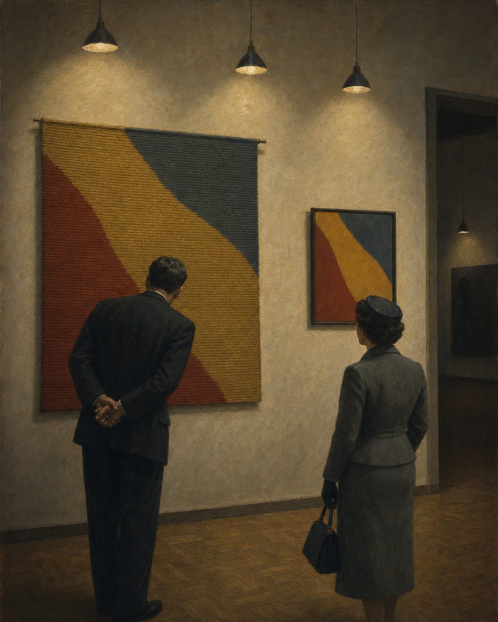 Em 1952, Guy Fino expôs no SNI duas tapeçarias de Portalegre e pendurou ao lado de cada uma o quadro original de que tinha saído, convidando à comparação. Pintura. cena ilustrativa. As obras representadas são inventadas.