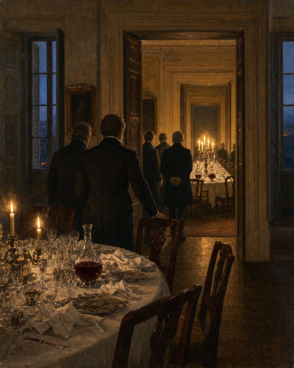 As duas salas de jantar gémeas da Feitoria Inglesa, mobiladas em espelho: terminado o almoço, os convivas passam da primeira para a segunda, onde o Vintage os espera. Cena ilustrativa de época. Pintura.