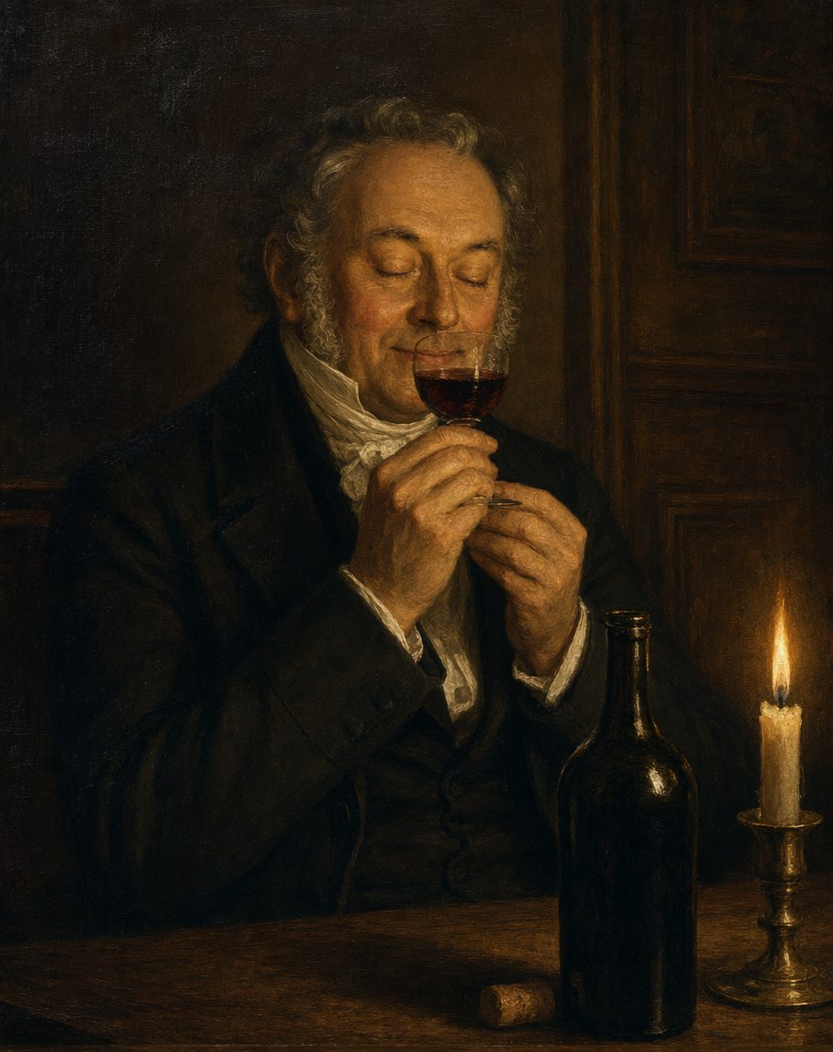 A prova às cegas: o Vintage chega à mesa sem rótulo, e a mesa tenta identificá-lo. Cena ilustrativa de época. Pintura.