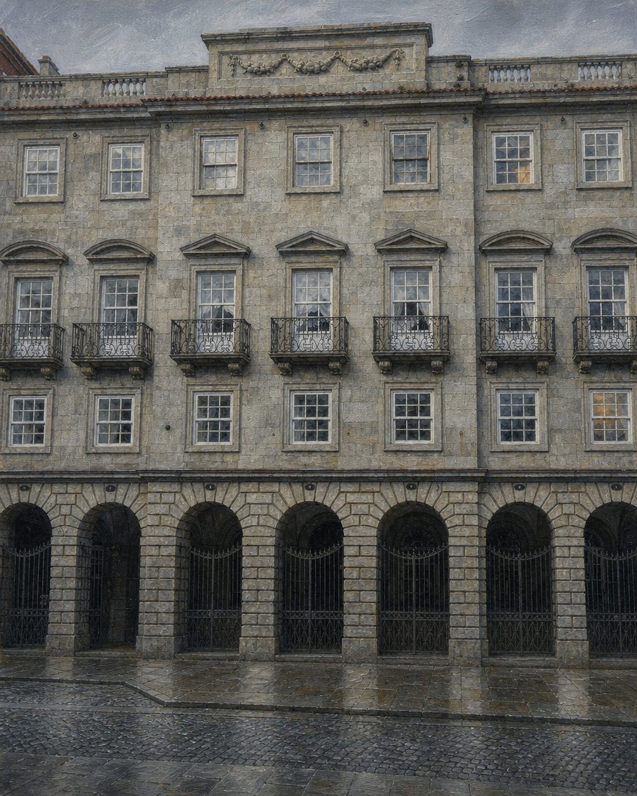 A Feitoria Inglesa, na Rua do Infante D. Henrique, no Porto: granito palladiano concluído em 1790, de porta fechada ao público durante 236 anos. Pintura a partir de fotografia real de _morgado2 (Wikimedia Commons, CC BY 4.0), arquitetura preservada.