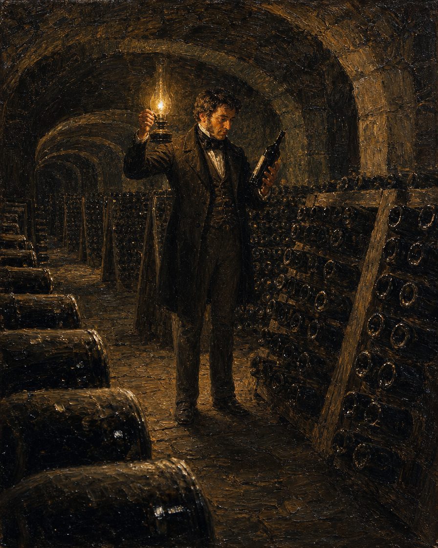 A garrafeira subterrânea, onde dormem cerca de quinze mil garrafas: o tesoureiro escolhe o Vintage de cada almoço de quarta-feira. Cena ilustrativa de época. Pintura.