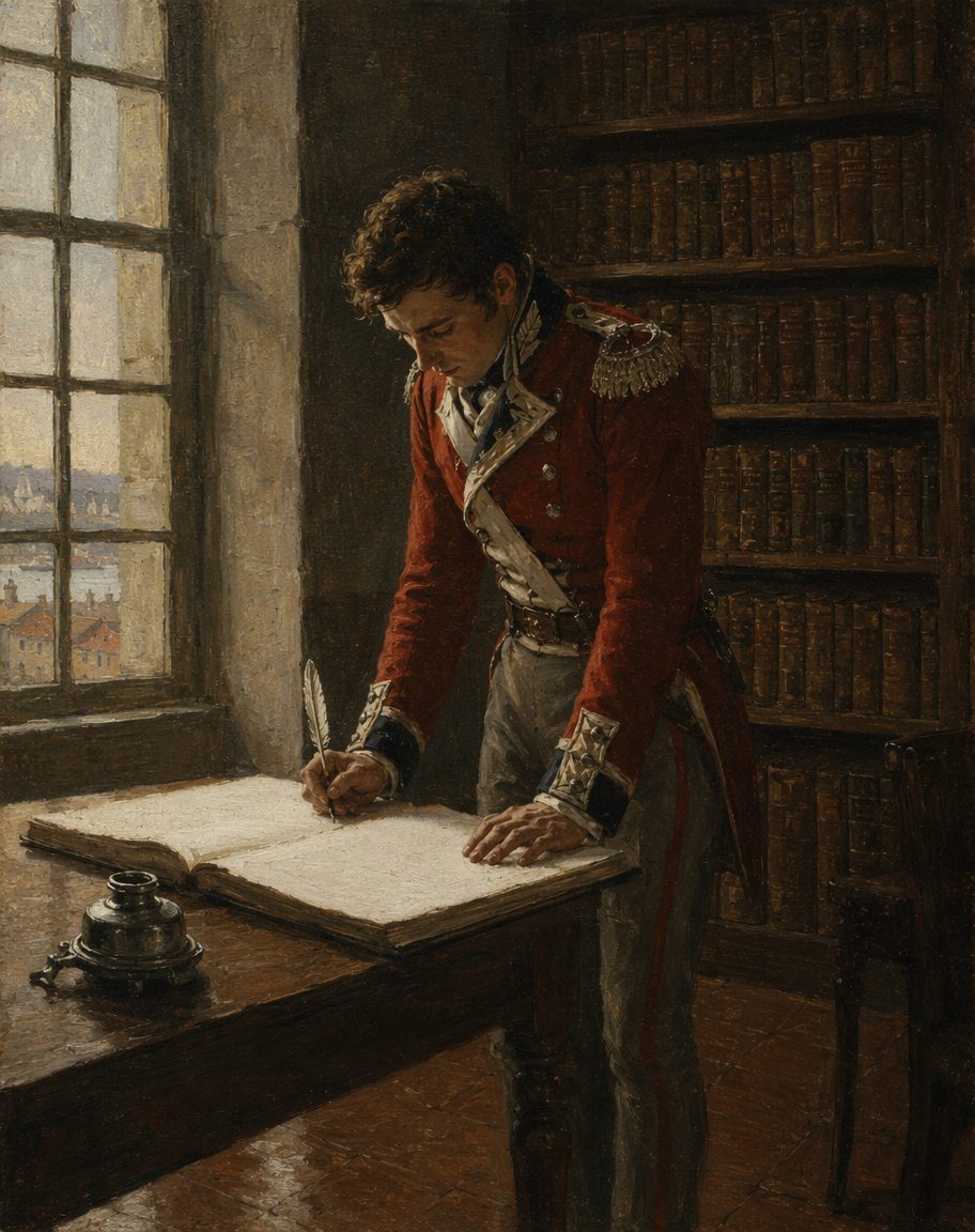 Na biblioteca privada guarda-se um livro de visitas assinado por oficiais do exército anglo-português do duque de Wellington, depois da libertação do Porto em 1809. Evocação ilustrativa de época; nenhuma pessoa real retratada. Pintura.