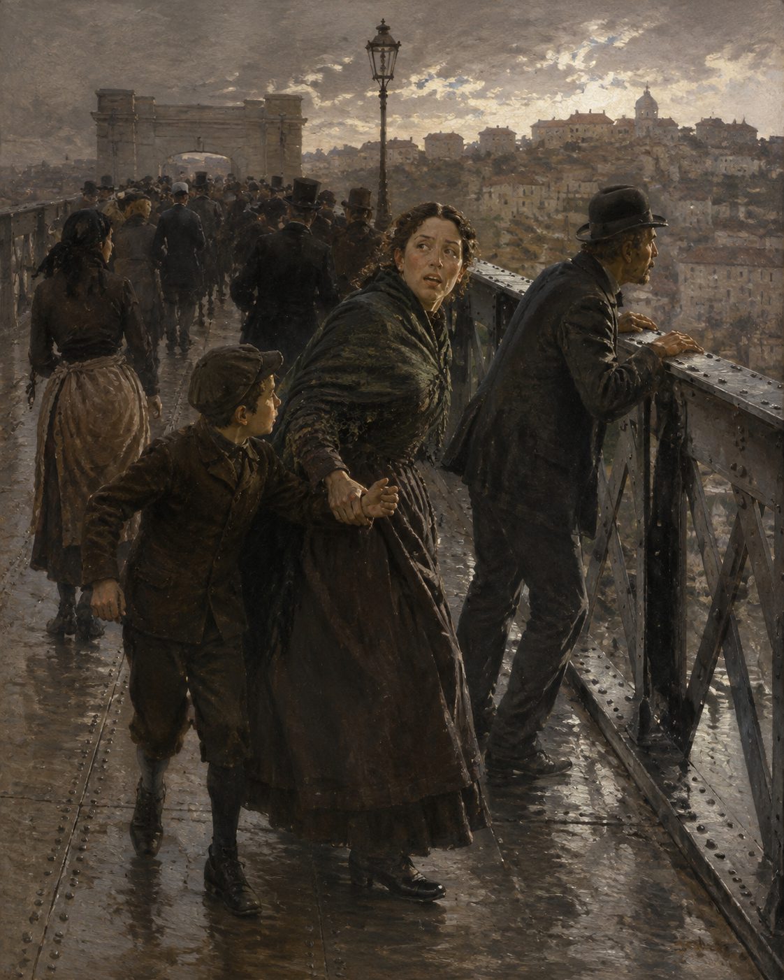 A tarde de 31 de outubro de 1886, no tabuleiro de cima da ponte acabada de abrir. Quando a multidão entrou nela a correr, o tabuleiro oscilou ligeiramente e alguém julgou que a ponte estava a ceder; o povo, escreveu o Comércio do Porto no dia seguinte, «começou a fugir desorientado». Não houve o mais leve desastre. Pintura; figuras genéricas do período, não retratos.