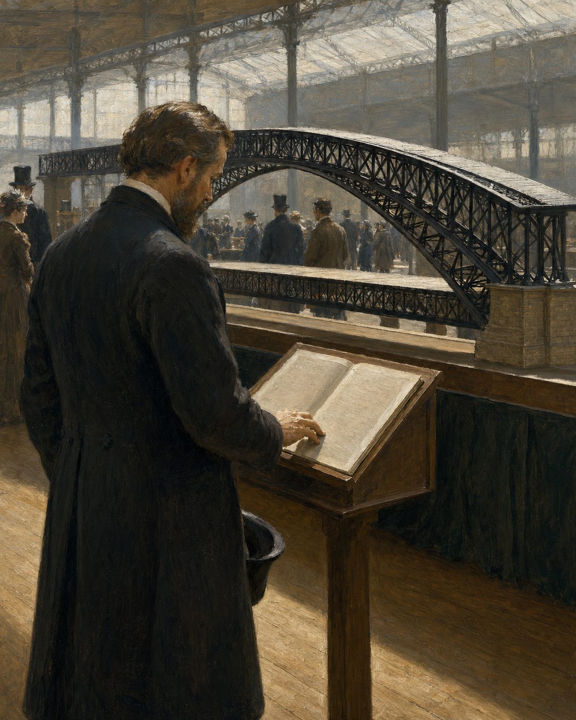 Paris, Exposição Universal de 1878. No pavilhão da Eiffel & Cie. estava a maqueta da ponte Maria Pia, acabada de inaugurar. No folheto que a própria casa editou para a acompanhar, os cálculos e os desenhos da ponte vinham atribuídos a Théophile Seyrig. Pintura; figuras genéricas do período, não retratos.