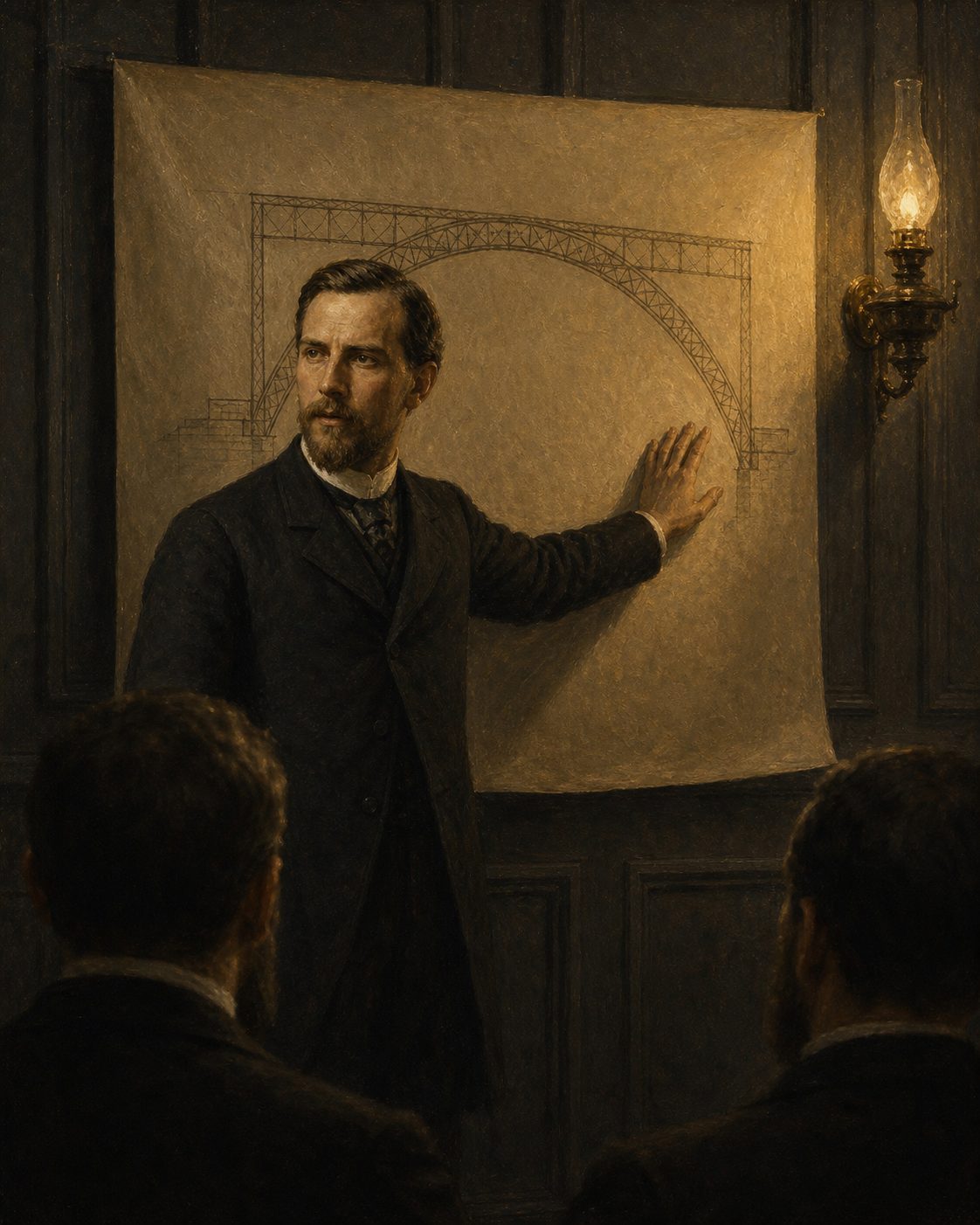 No mesmo ano de 1878, Seyrig apresentou o projeto da ponte Maria Pia à Société des Ingénieurs Civils, em Paris, numa comunicação em que nunca refere o nome de Eiffel. Pintura: evocação de época de uma pessoa real, não um retrato fotográfico.