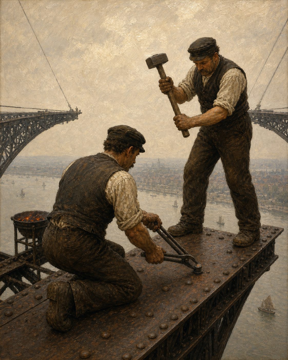 A montagem seguiu o método já usado na Maria Pia: duas torres de catorze metros sobre os pilares principais, tirantes a segurar as duas metades do arco, e as peças içadas com motores a gasolina, uma novidade para a época. Pintura: evocação do método descrito nas fontes; figuras genéricas, não retratos.
