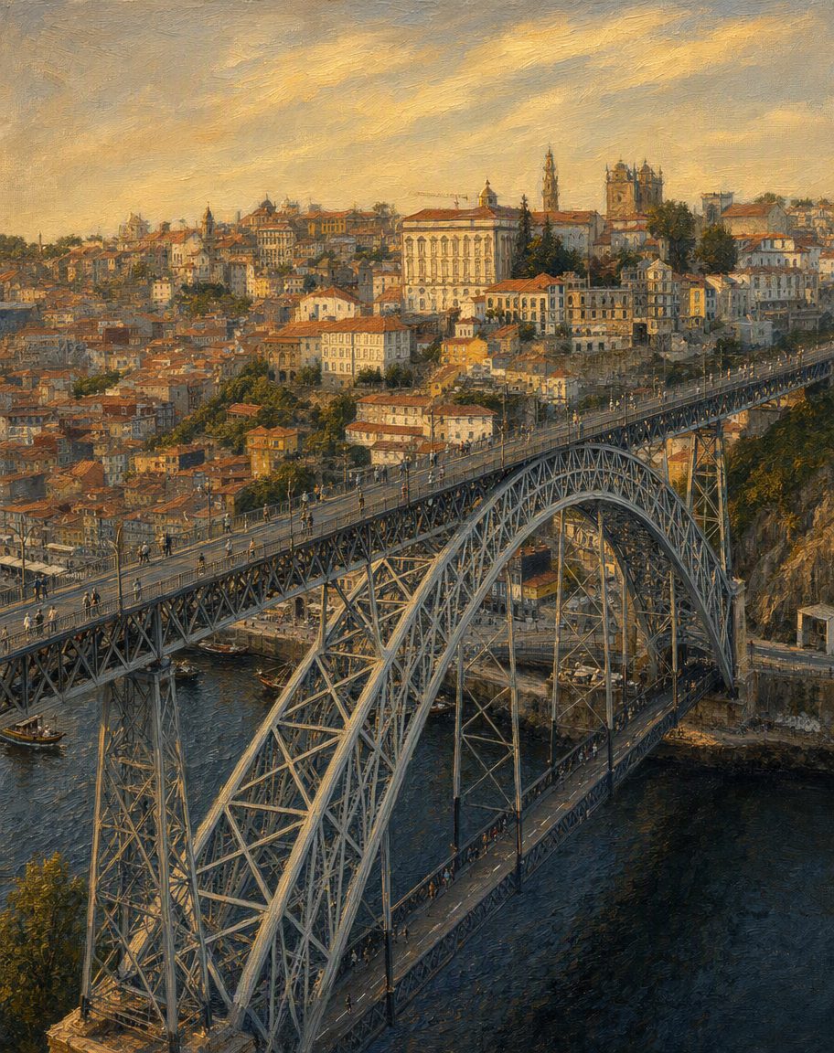 A ponte Luiz I hoje, vista do miradouro da Serra do Pilar: o arco de 172 metros, o tabuleiro de cima por onde passa o metro desde 2005 e o tabuleiro de baixo, reabilitado em 2023. Pintura a partir de uma fotografia real de Thomas Dahlström Nielsen (2023, CC BY-SA 4.0); a estrutura é a da fotografia.