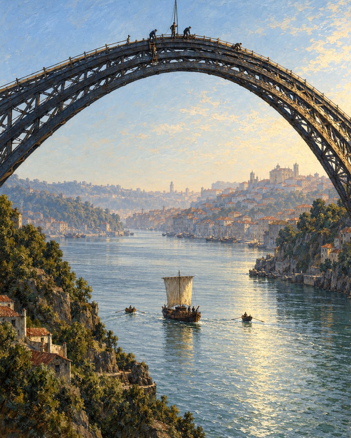 Evocação pintada do cimbre de aço sobre o Douro, em 1961: um só arco, sem apoios no leito (figuras genéricas, não retratos).