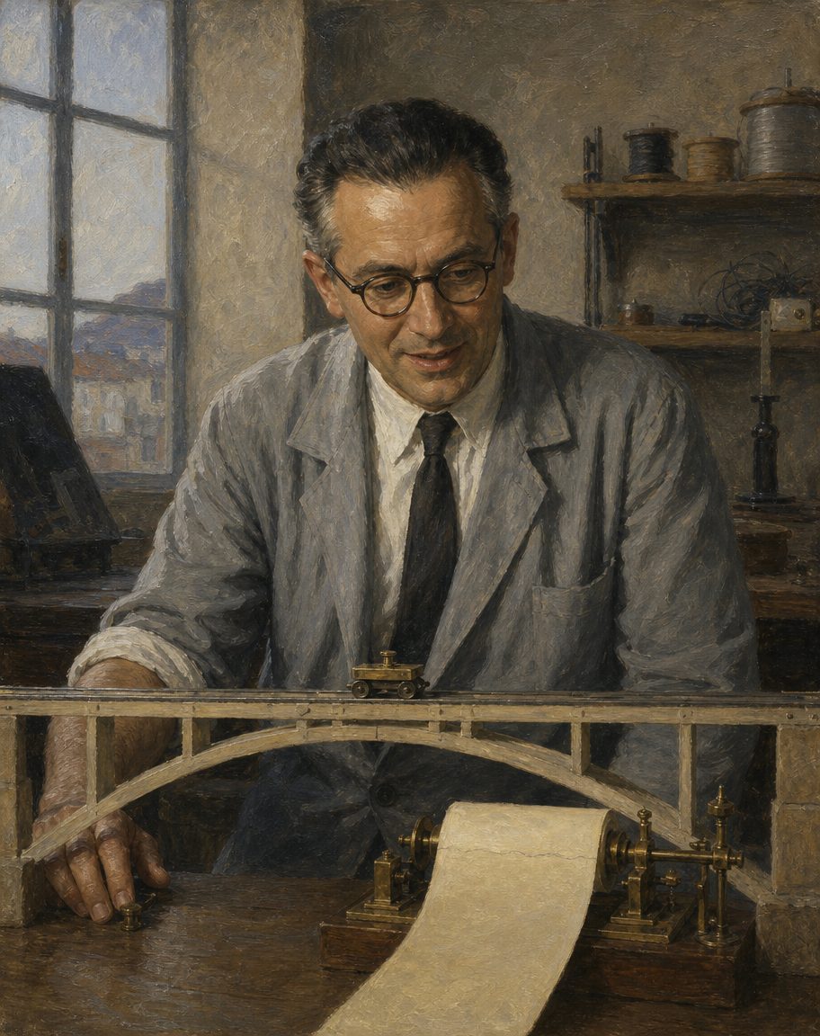 Evocação pintada de um engenheiro com o modelo reduzido de uma ponte em arco e um instrumento de registo em papel, nos anos 1950 (figura genérica, não retrato).