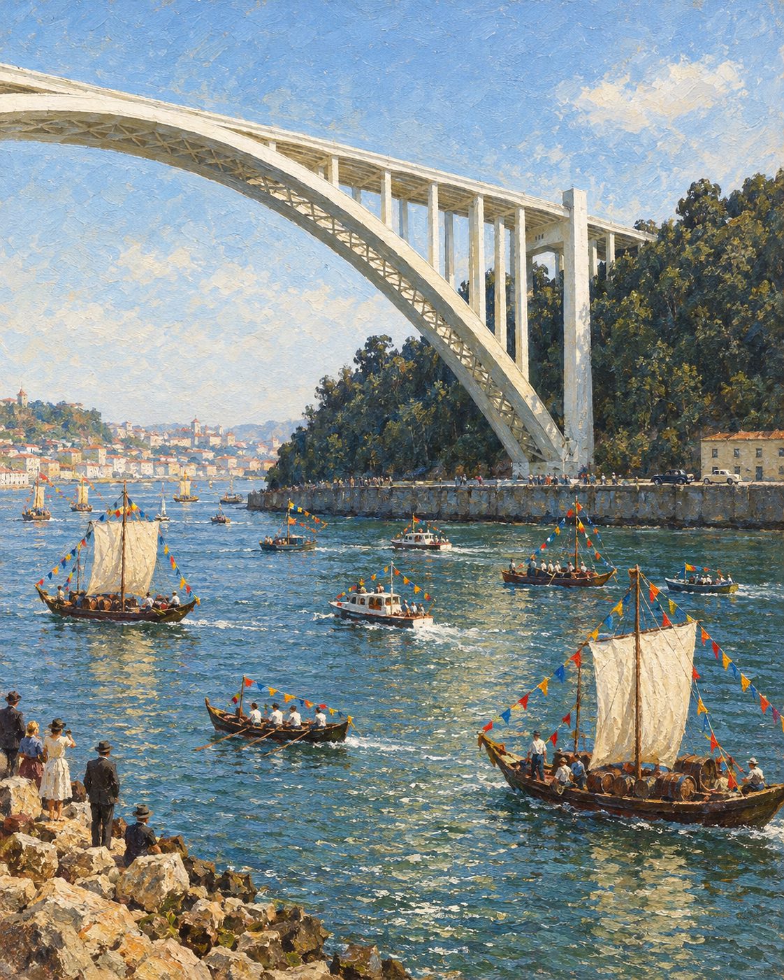 Pintura do dia da inauguração da Ponte da Arrábida, em 1963, com barcos engalanados no Douro, a partir de uma fotografia real da ponte de Alepuzio (Wikimedia Commons, CC BY-SA 4.0).