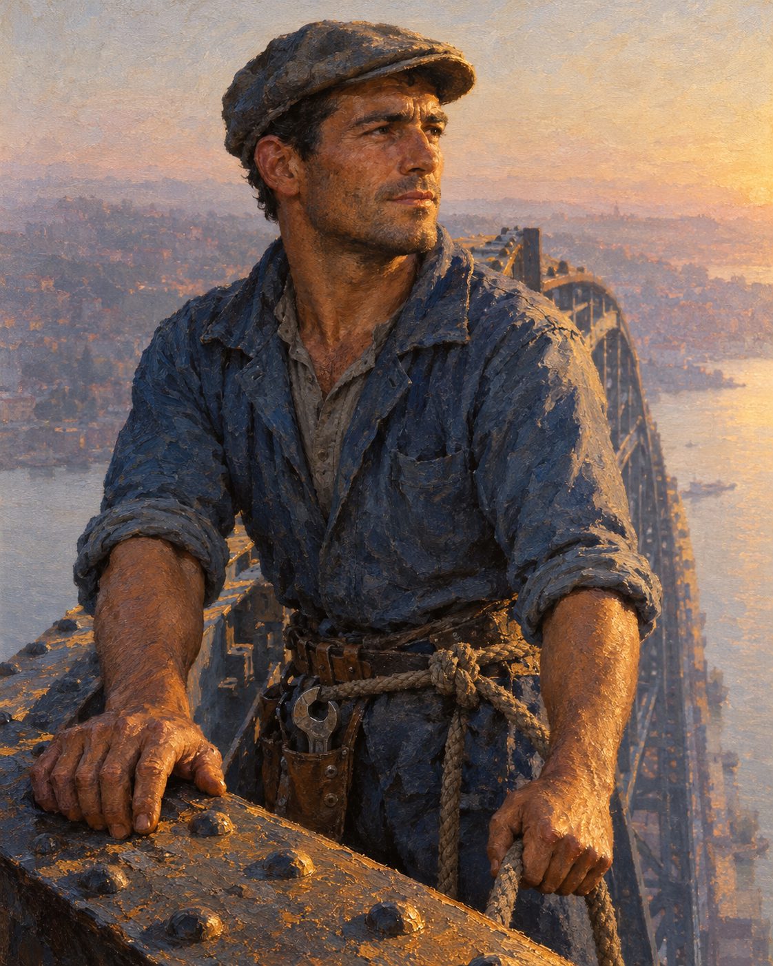 Pintura de um montador de aço no cimbre, ao nascer do dia (figura genérica, não retrato).