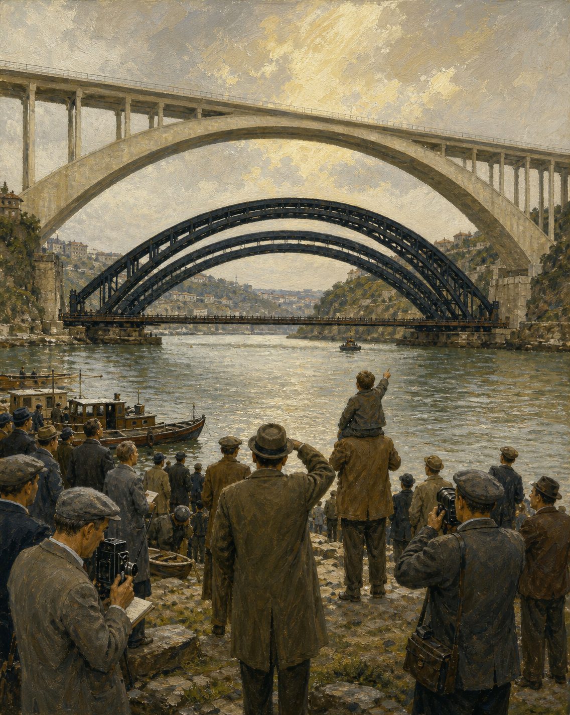 Evocação pintada do cimbre a ser arrastado de lado, sob o primeiro arco de betão, diante de público e jornalistas (figuras genéricas, não retratos).