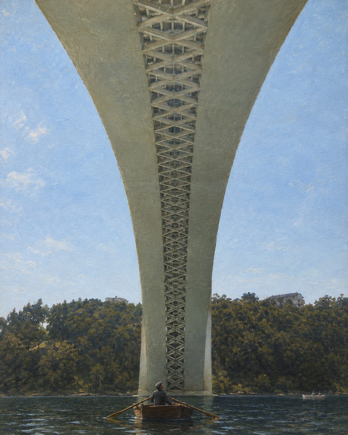 Pintura da face inferior do arco da Ponte da Arrábida, a partir de uma fotografia real de Vysotsky (Wikimedia Commons, CC BY-SA 4.0).