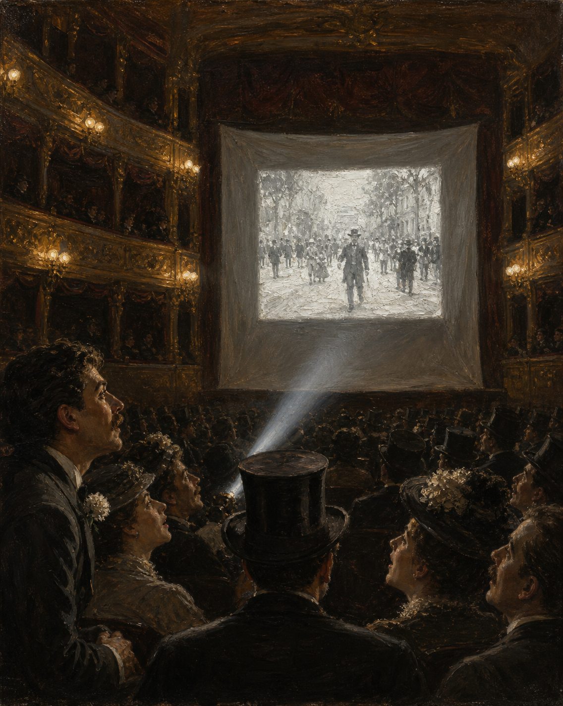 Evocação pintada de uma sessão de cinema num teatro do Porto, em julho de 1896 (figuras genéricas).