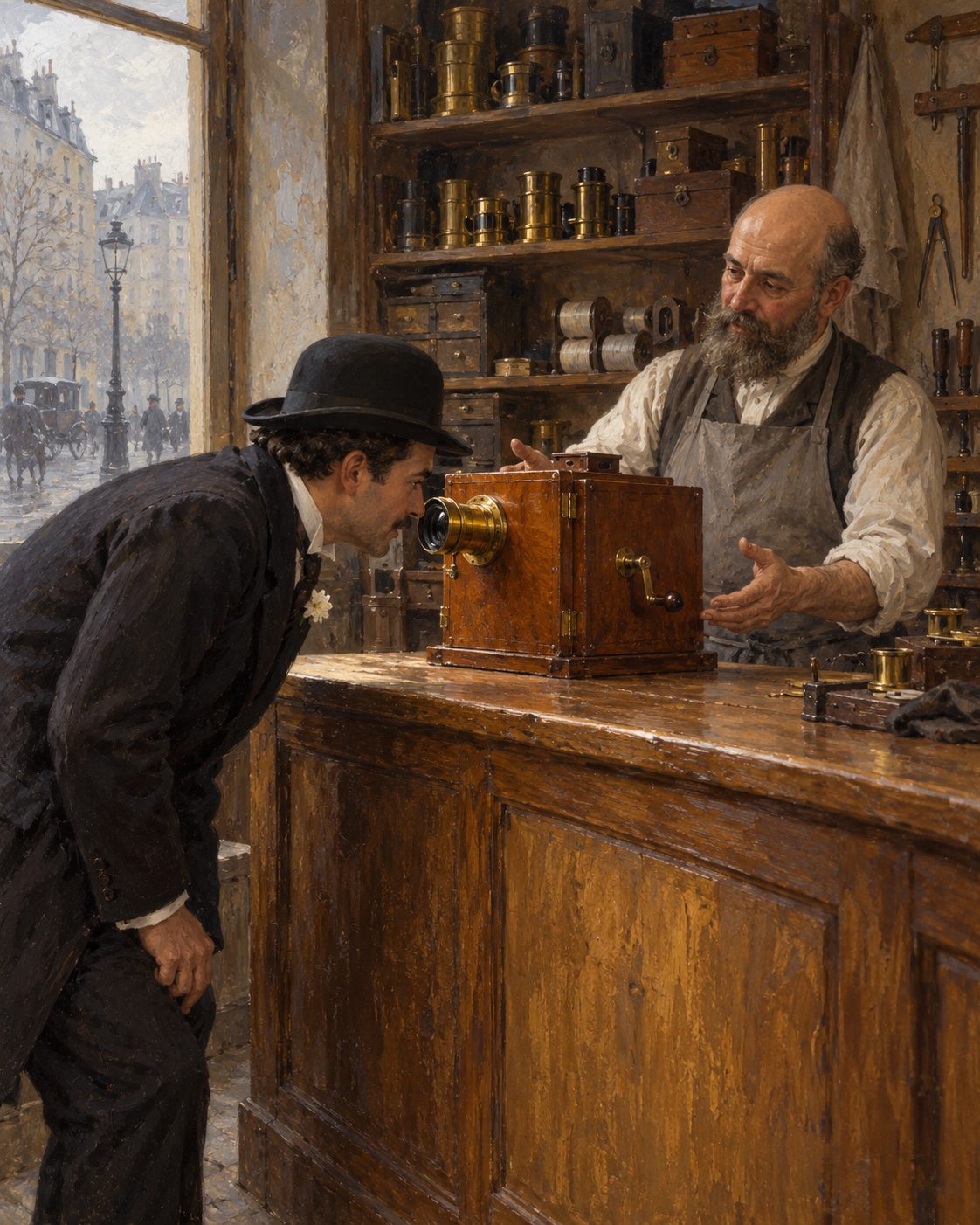 Evocação pintada de uma oficina em França onde se vende uma câmara de filmar, em 1896 (figuras genéricas).