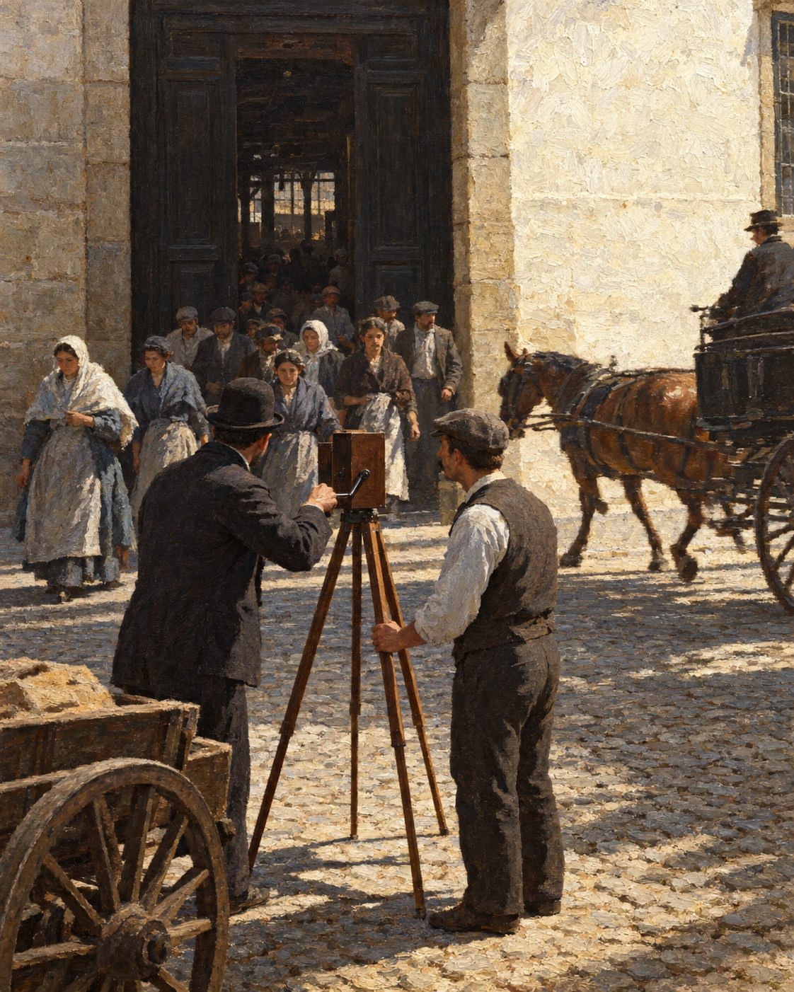 Evocação pintada da filmagem de uma saída de fábrica numa rua do Porto, em 1896 (figuras genéricas).