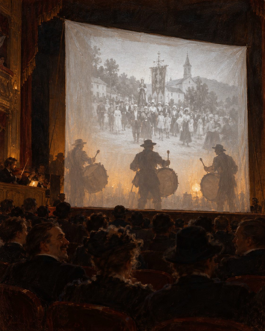 Evocação pintada de uma sessão do «Kinetógrafo Português», com os bombos atrás do ecrã, em 1896 (figuras genéricas).