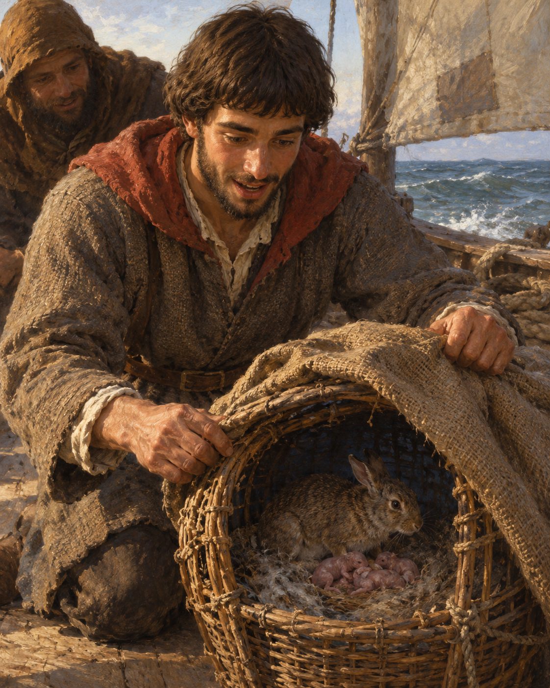 Pintura da coelha com a ninhada acabada de nascer, numa gaiola a bordo, na viagem para Porto Santo, segundo o relato de Zurara (figura genérica).