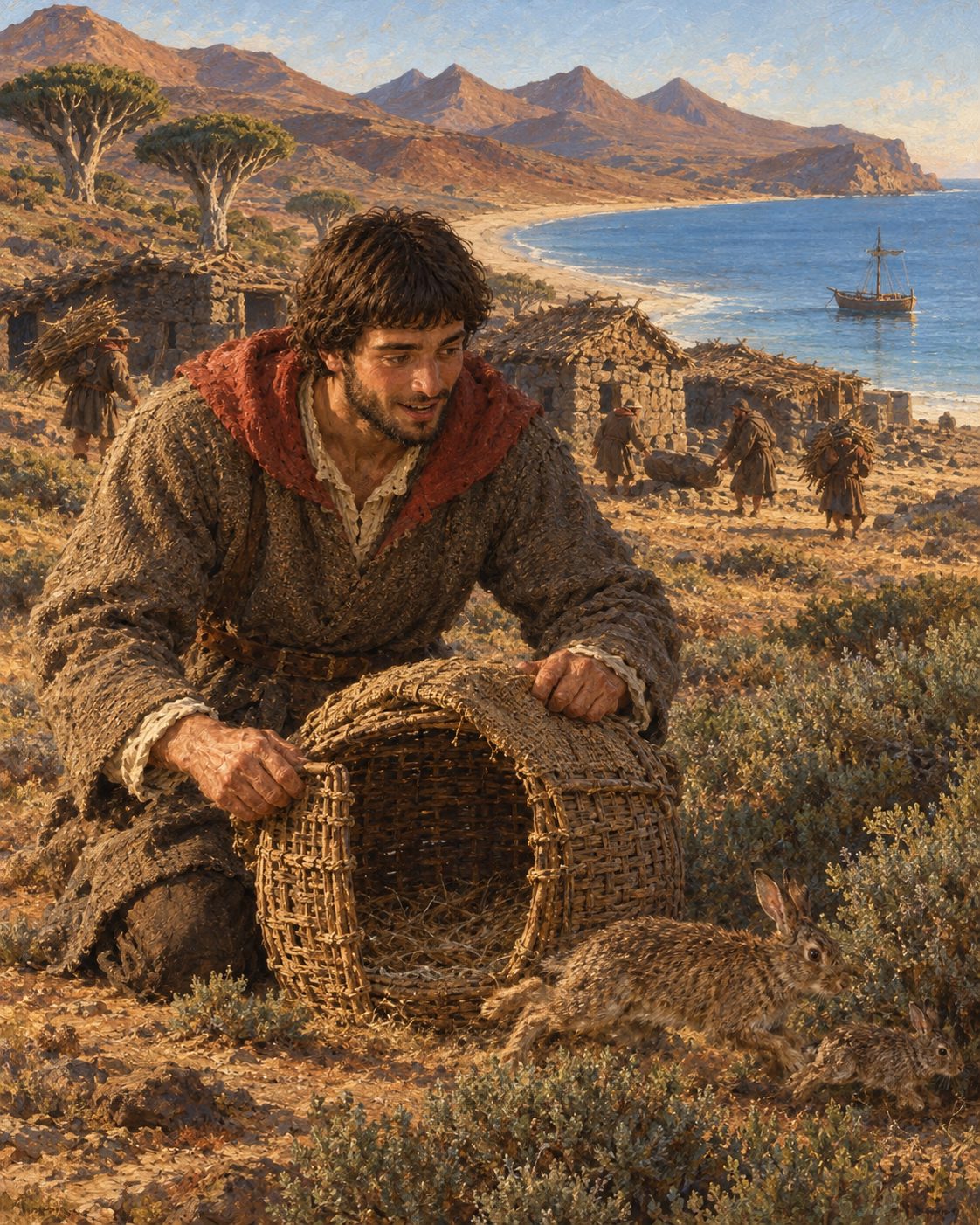 Pintura da coelha e dos filhos soltos em Porto Santo, junto às cabanas dos primeiros povoadores, como conta Zurara (figura genérica).