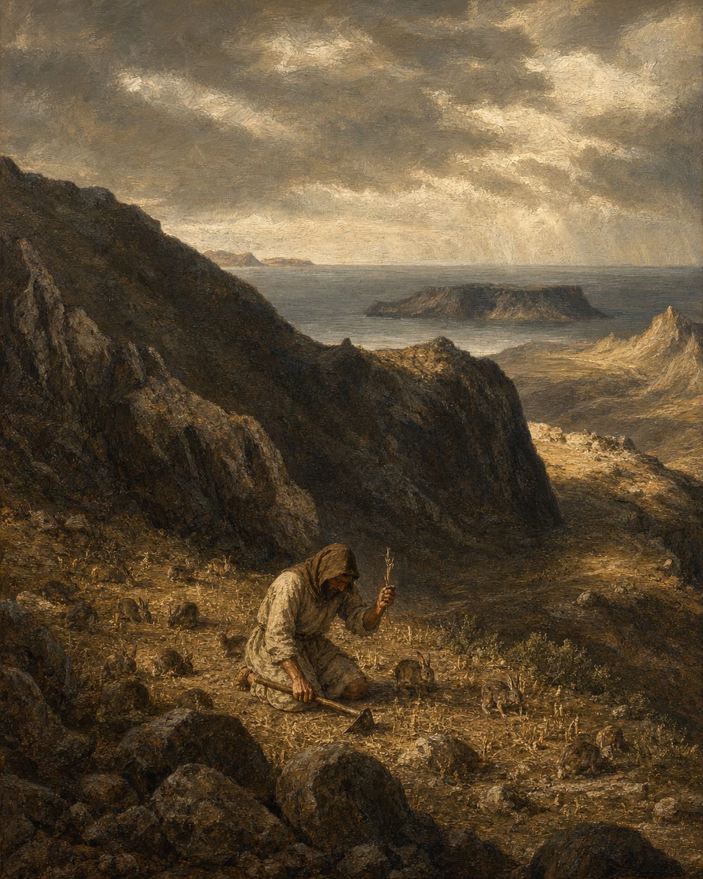 Pintura das sementeiras roídas pelos coelhos nos primeiros anos de Porto Santo, como conta Zurara, a partir de uma litografia do século XIX do interior da ilha (Biblioteca Nacional de Portugal) (figura genérica).
