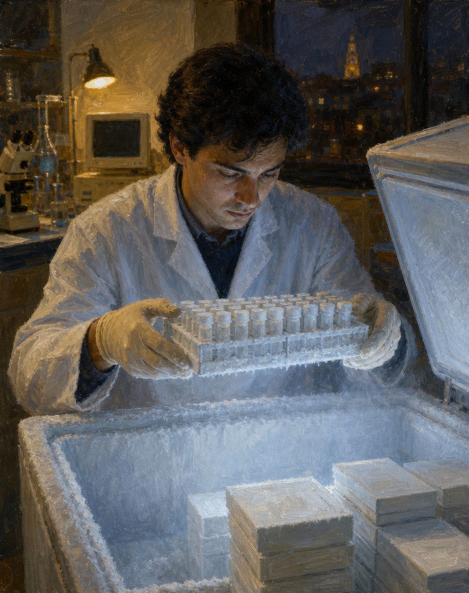 Pintura de amostras congeladas num laboratório, evocando as recolhidas em Porto Santo em 1995 para o estudo genético da Universidade do Porto (figura genérica).