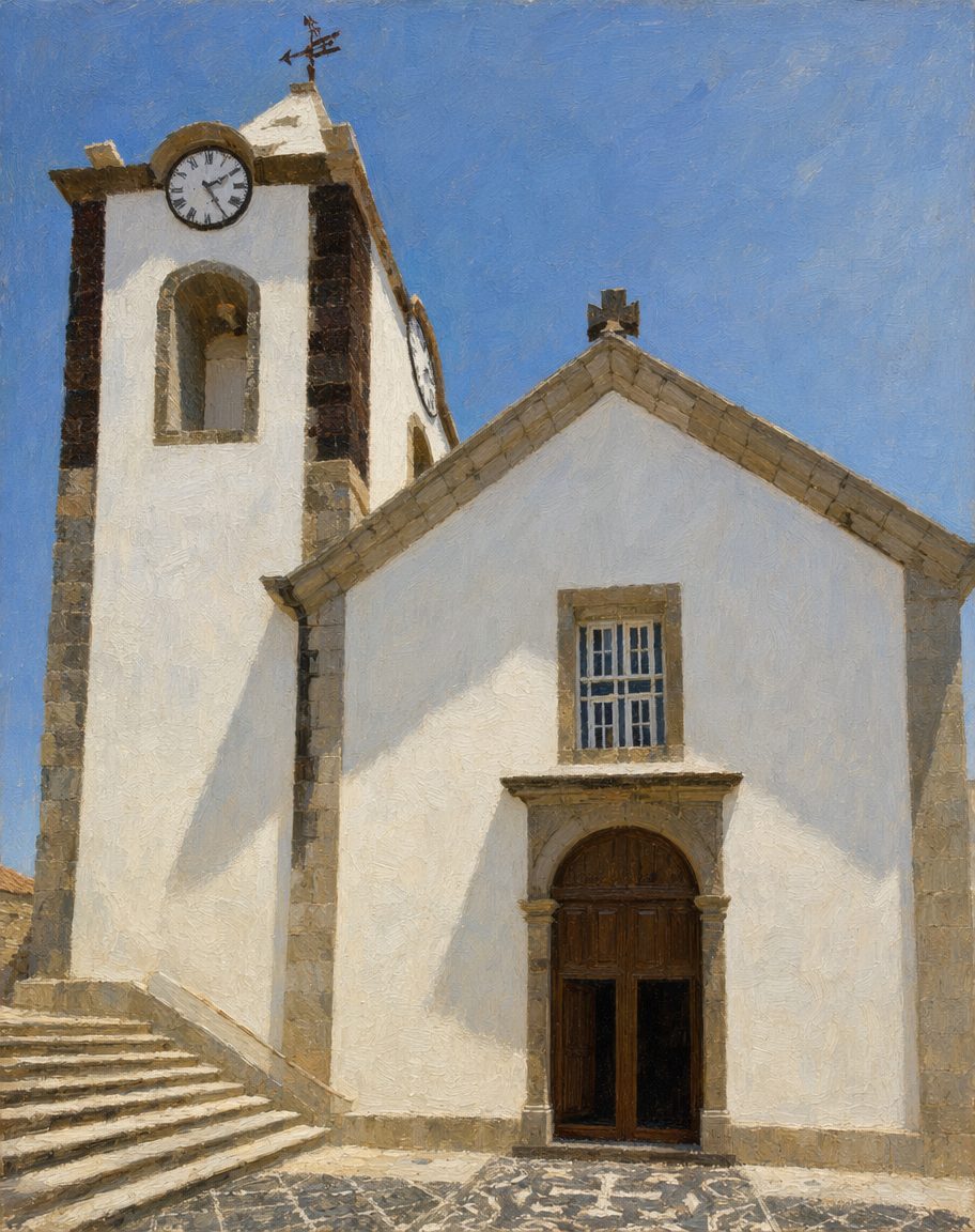 A ilha mais pequena habitada do arquipélago da Madeira. Hoje, 5 158 pessoas. Em agosto de 1617, quase nenhuma. Pintura a partir de uma fotografia real da Igreja Matriz de Vila Baleira — foto de referência de Nuno Caldeira (CC BY-SA 4.0, via Wikimedia Commons, creativecommons.org/licenses/by-sa/4.0/). Pintura derivada partilhada sob CC BY-SA 4.0.