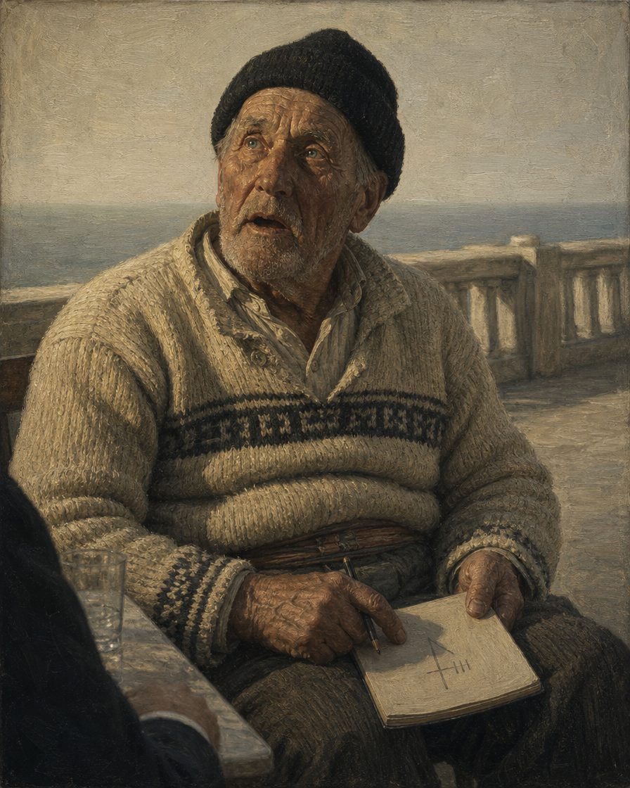 Evocação pintada do encontro no Passeio Alegre, na Póvoa de Varzim, contado por António dos Santos Graça em 1932: um pescador muito velho, o Tio Januário, desenha no livro de notas o sinal da sua casa e, ao lado, os piques que diziam qual dos filhos ele era. Figura genérica de época, não retrato.
