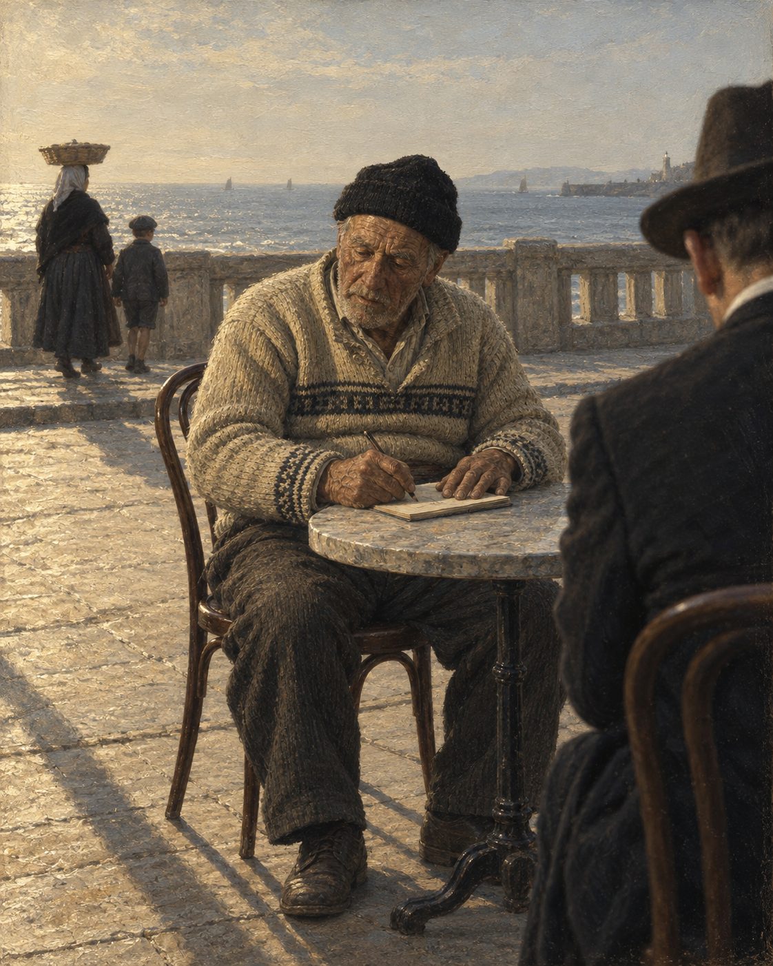 O mesmo encontro, visto de fora: o caderno aberto na mesa e a marca a ser desenhada. Aquelas marcas foram recolhidas à mão, uma a uma, pela praia e pelas ruas, ao longo de anos. Pintura; figuras genéricas de época, não retratos.