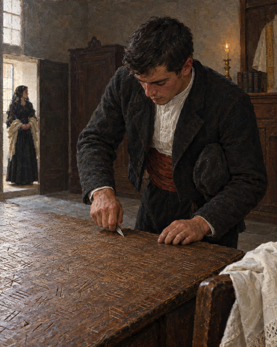Pintura de um casamento poveiro. Ao casar, o poveiro gravava a sua marca na mesa da sacristia da igreja matriz, com a mesma faca da cortiça. A mesa da velha igreja da Misericórdia, que serviu de matriz até 1757, chegou a ter milhares de marcas, e desapareceu com a demolição da igreja. Figuras genéricas de época, não retratos.