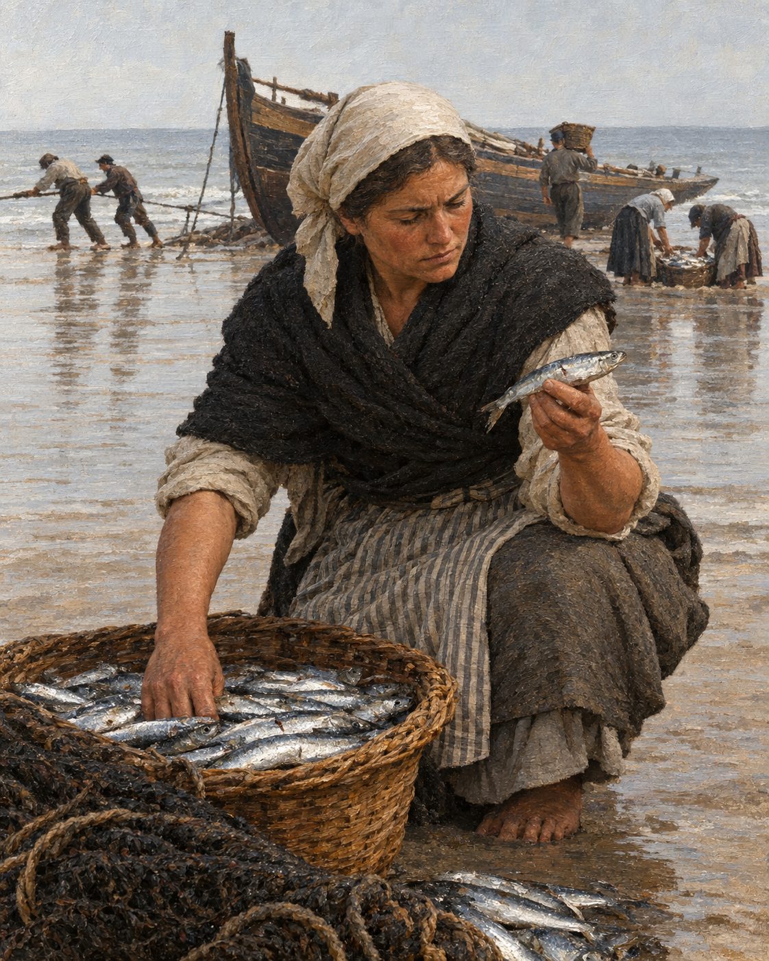 Pintura da chegada do peixe à praia. Nas caças, o produto de cada rede era assinalado com pequenos golpes feitos no próprio peixe, marcas de barco e não de família, para que em terra fosse entregue às mulheres dos donos certos. Figuras genéricas de época, não retratos.