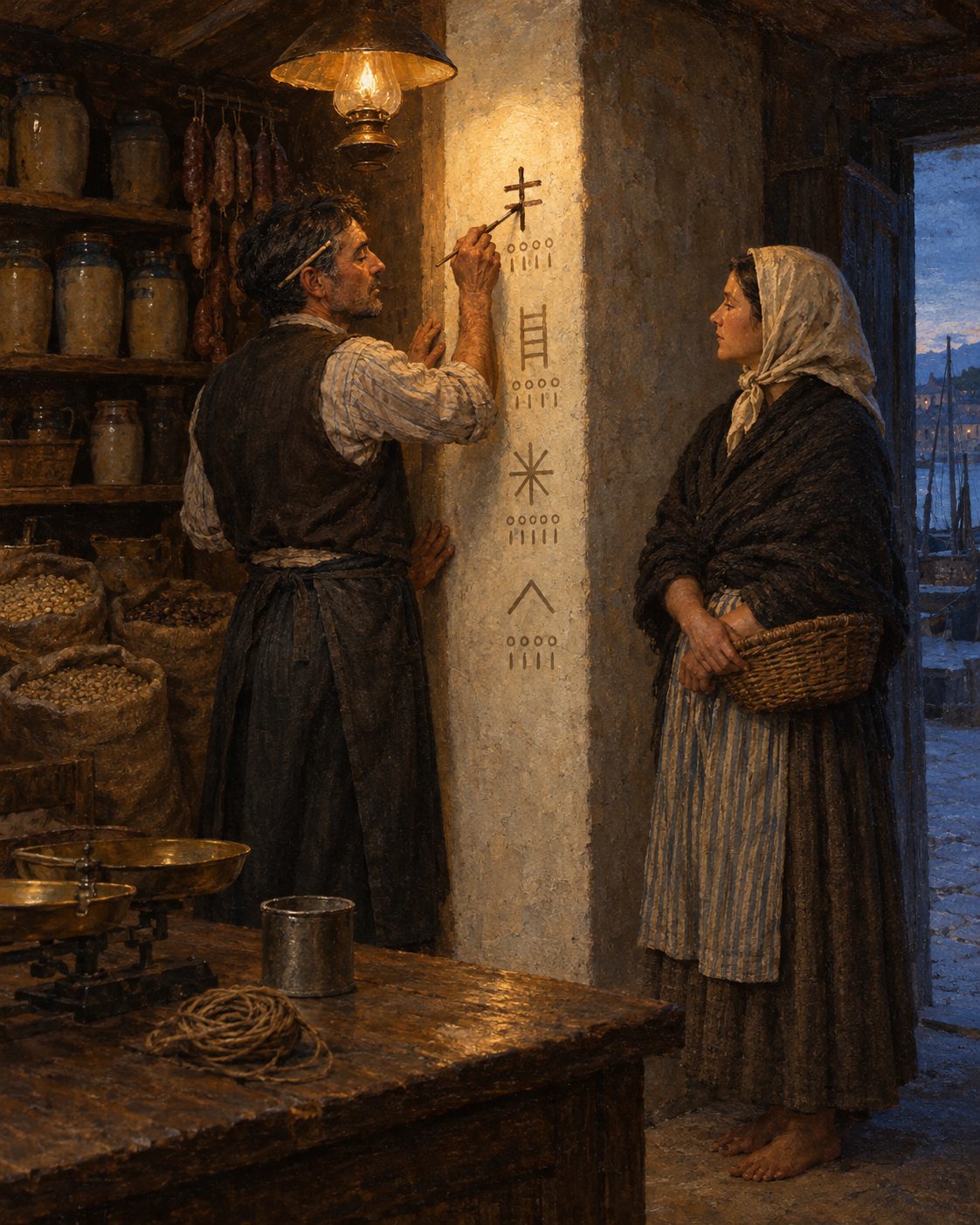 Pintura da conta fiada. O vendeiro analfabeto pintava a marca do devedor antes das rodelas e dos riscos com que designava os vinténs e os tostões. Figuras genéricas de época, não retratos.
