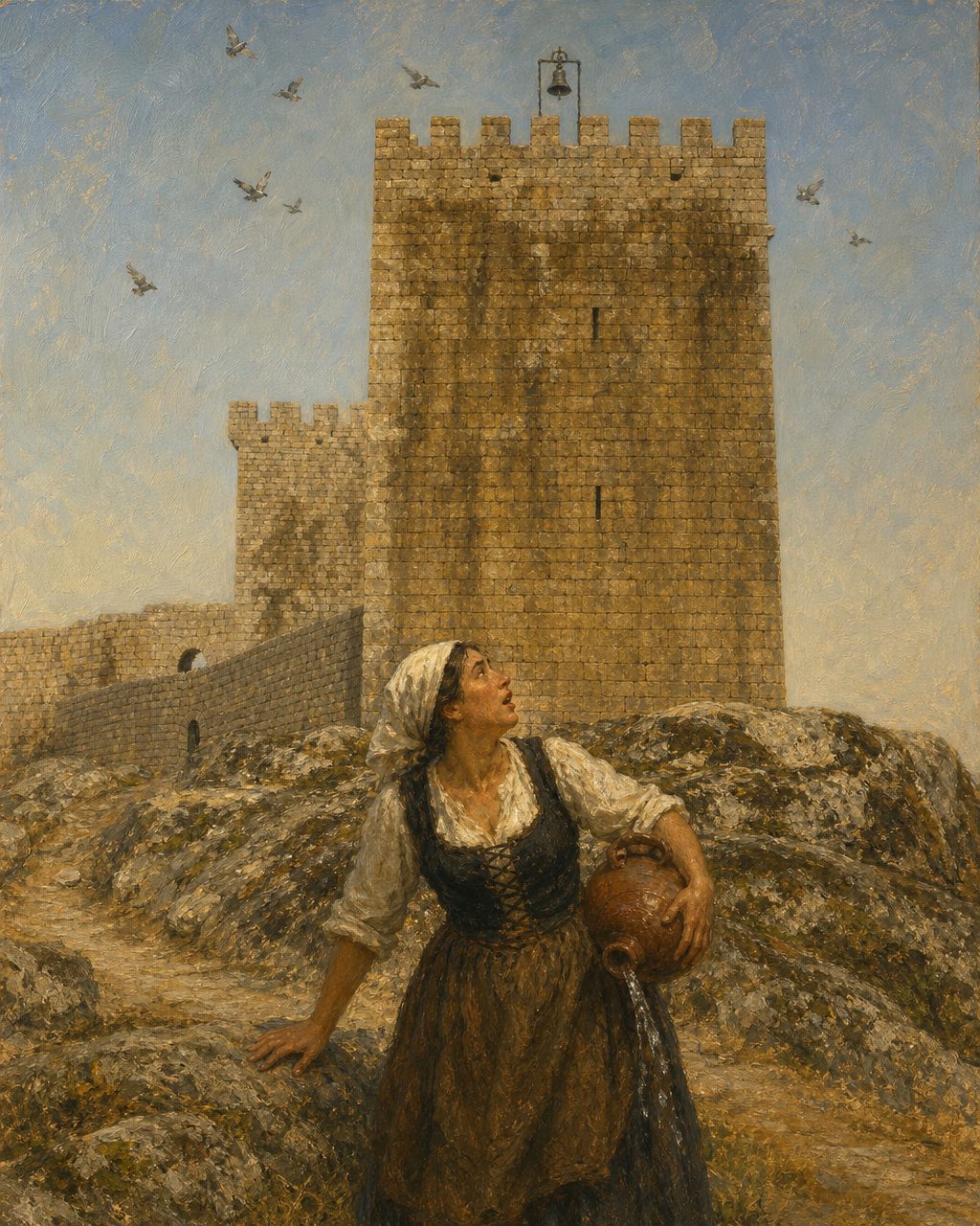 Evocação pintada da manhã de 1 de novembro de 1755 em Linhares, ao pé da torre do castelo (figura genérica; o sino, no alto, é imaginado). A partir de uma fotografia real de Vitor Oliveira (CC BY 2.0).