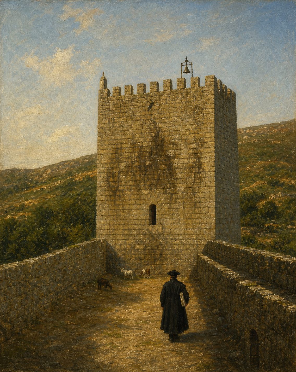 Evocação pintada da torre de menagem do castelo de Linhares, em Celorico da Beira, na primavera de 1756, com um pároco a caminho da porta; o sino do relógio, no alto, é imaginado. A partir de uma fotografia real de Vitor Oliveira (CC BY 2.0).