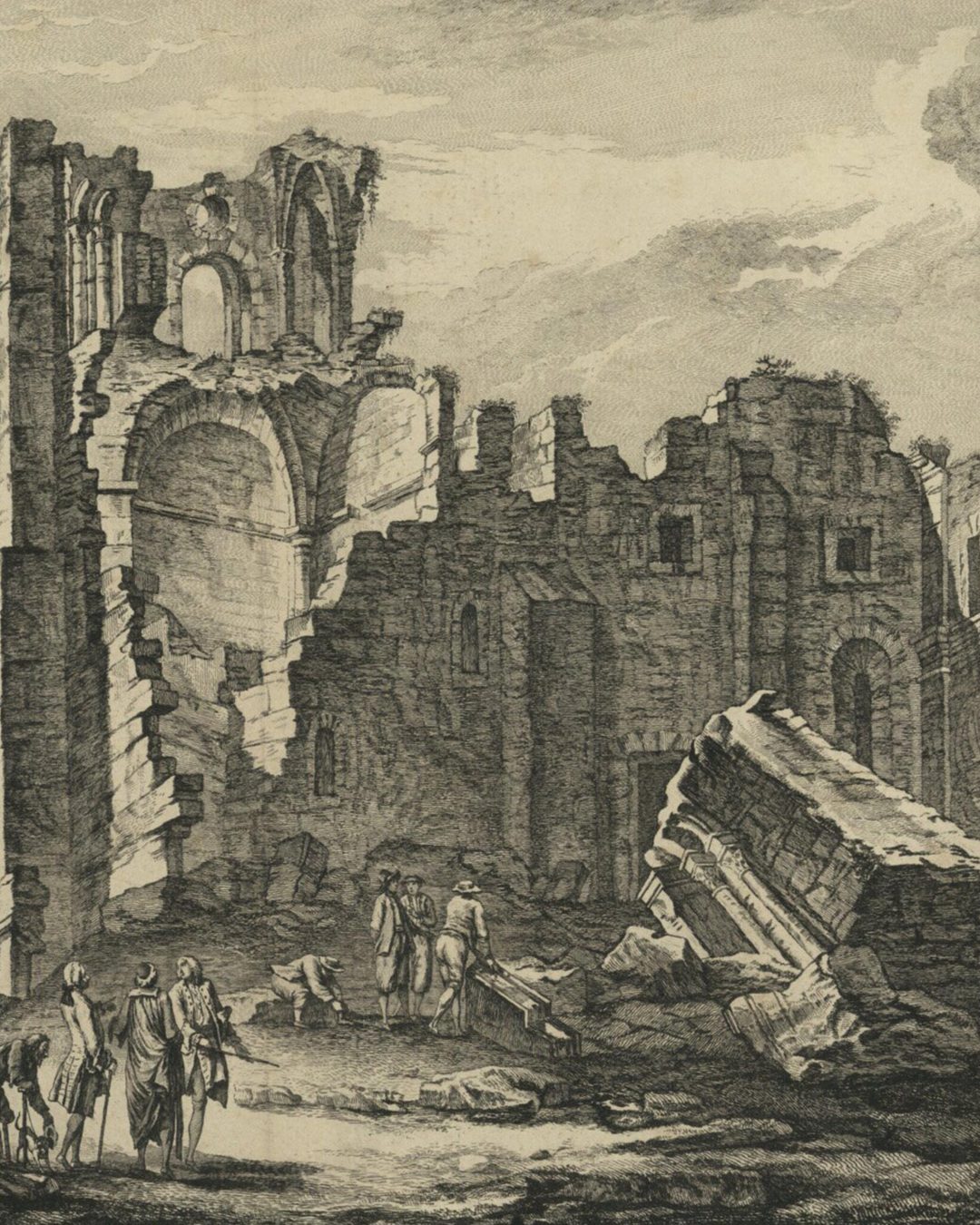 A Sé de Lisboa em ruínas, na «Colleção de algumas ruinas de Lisboa» desenhada por Paris e Pedegache e gravada em Paris por Jacques-Philippe Le Bas, 1757 (Biblioteca Nacional de Portugal, domínio público).
